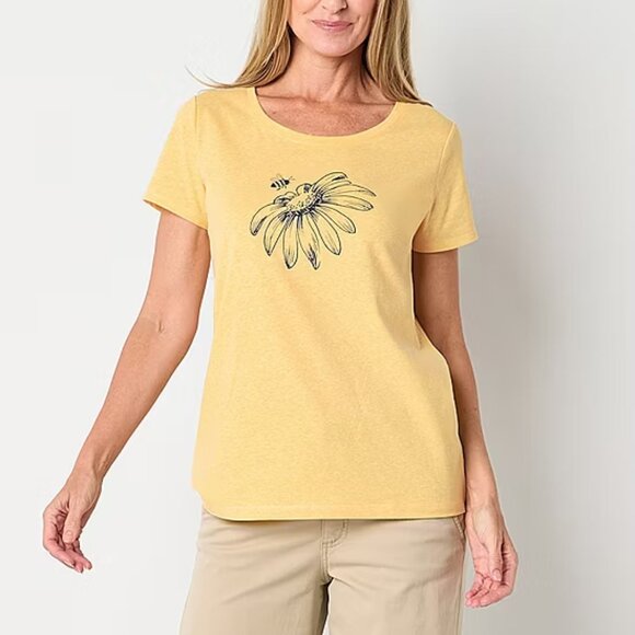 St. John's Bay Tops - St. John's Bay Womens Crew Neck Short Sleeve T-Shirt, Flower Daisy Print, Yellow